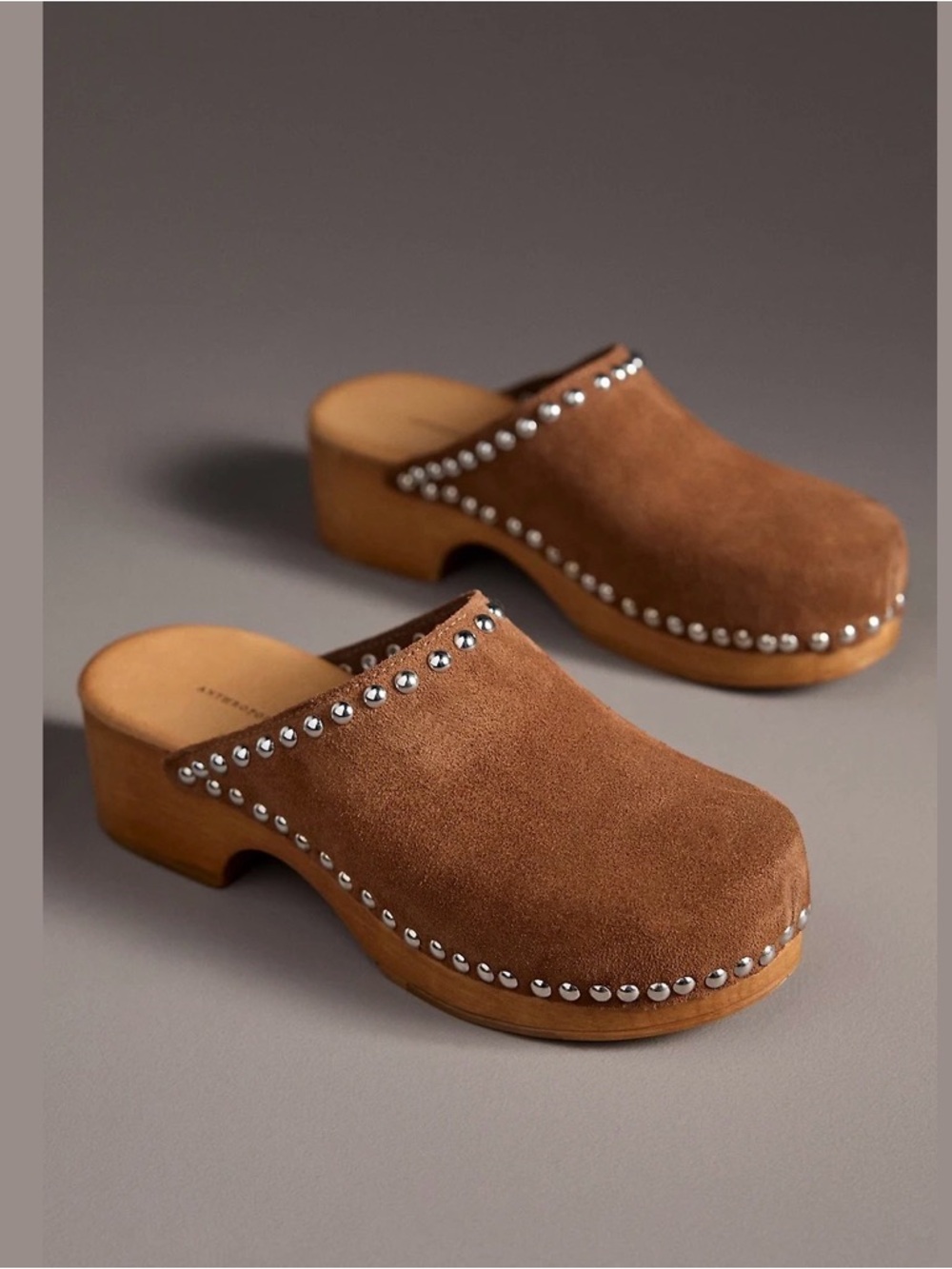 Anthropologie Studded Wood-Bottom Clogs in Tan Suede, Size 38